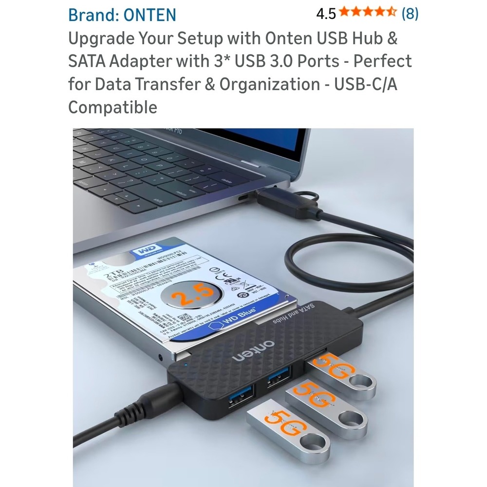 Onten USB 3.0 Hub SATA Adapter 3 Port 5Gbps USB-C A for 2.5 SSD HDD Black